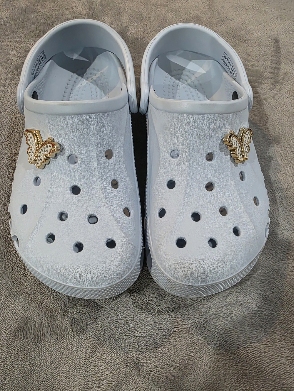 Women's Light Pale Blue Croc Shoes with Gold Butterfly Charm-Size 6